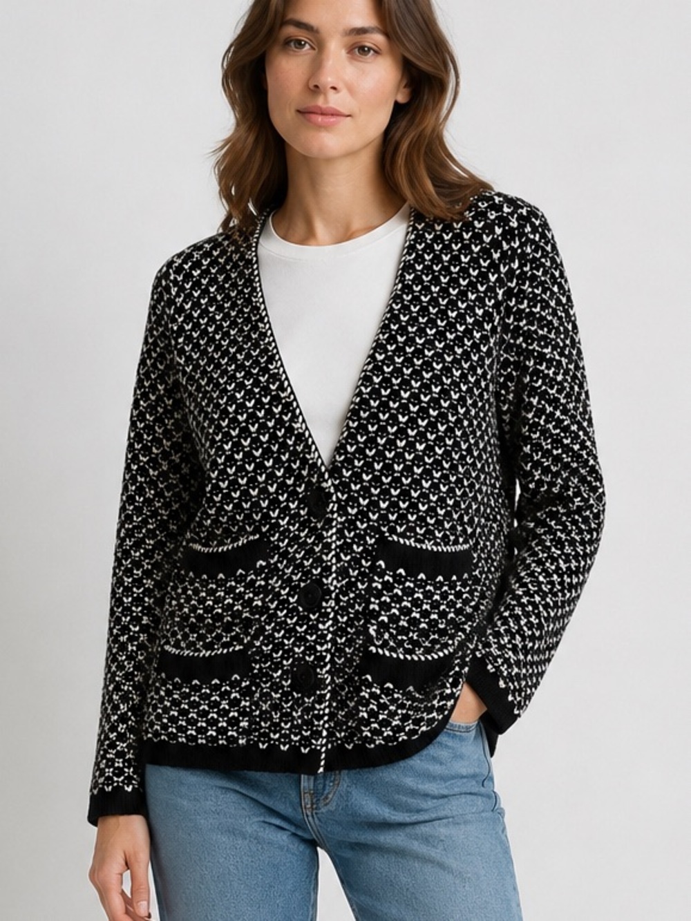 White House Black Market Black White Knit Cardigan Sweater Medium Button Front